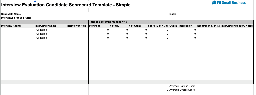 Interview Evaluation Candidate Scorecard Template - Simple